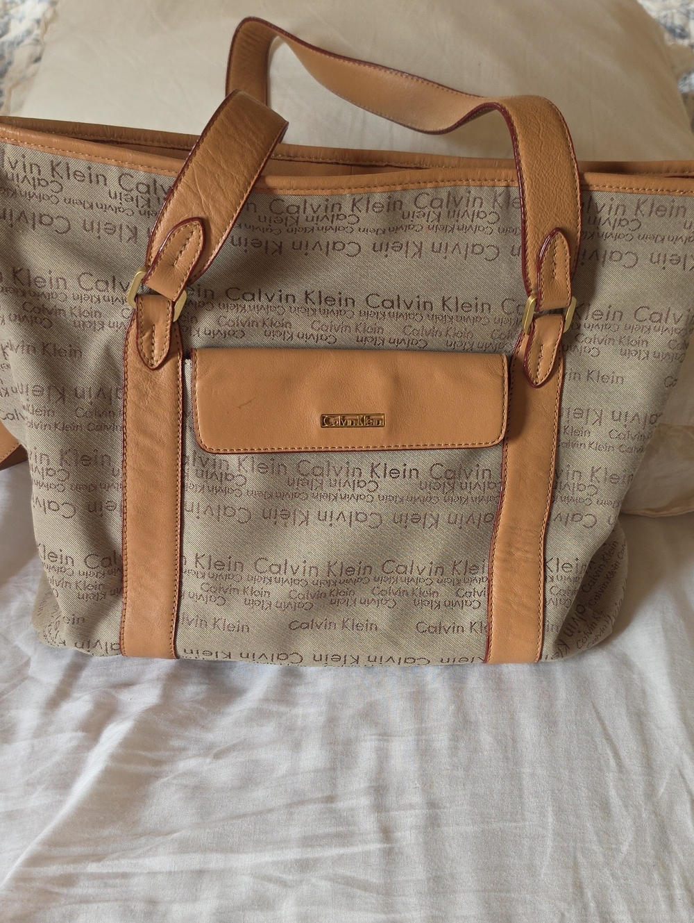 Calvin Klein Beige Canvas Tote with Tan Leather Trim